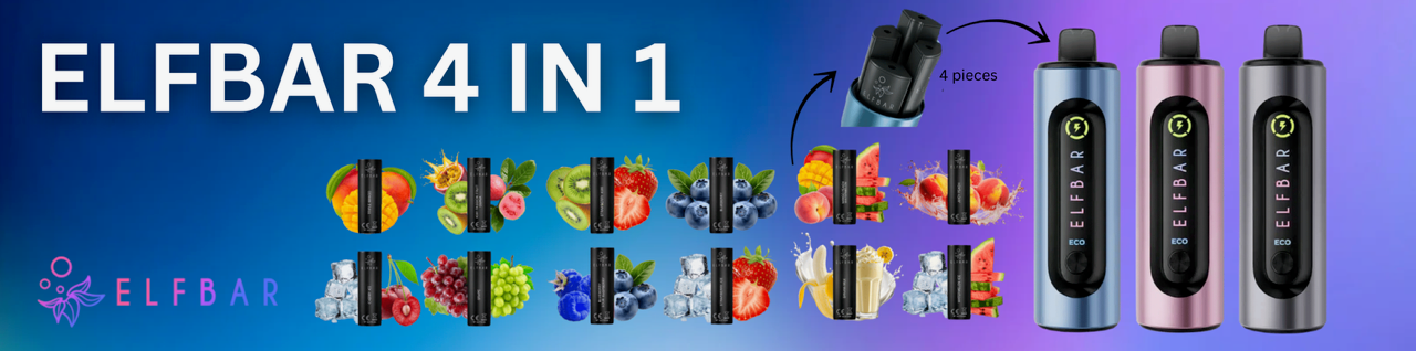 Elfbar 4 in 1 Banner mit Pods und Geräten snuskingdom.ch