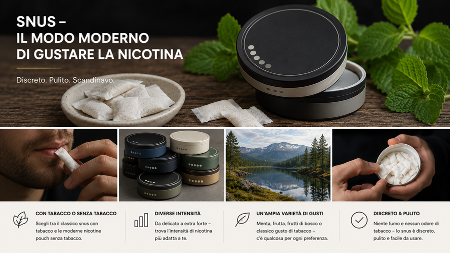 Snus e nicotine pouch bianche con diverse confezioni, foglie di menta e panoramica delle intensità