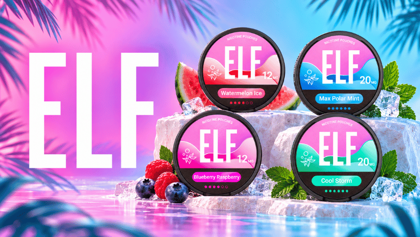 Vier ELF Nicotine Pouches: Watermelon Ice, Blueberry Raspberry, Cool Storm und Max Polar Mint