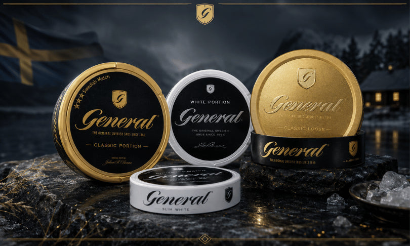General Snus con Original Portion, White Portion, Slim White e Loose in un paesaggio invernale svedese