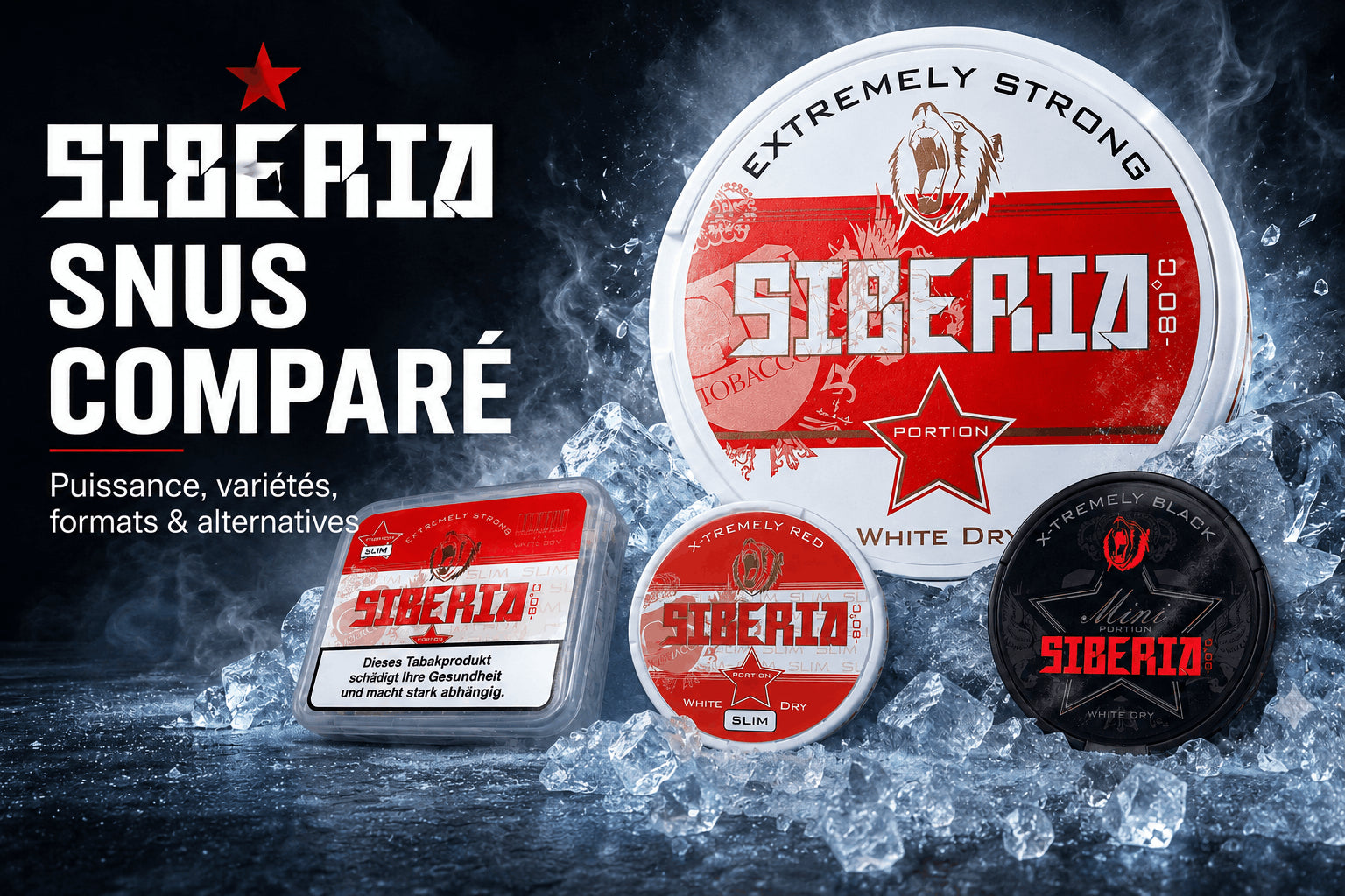 Comparatif Siberia Snus avec Red, Slim, Mini et les boîtes de 500 g dans un décor glacé