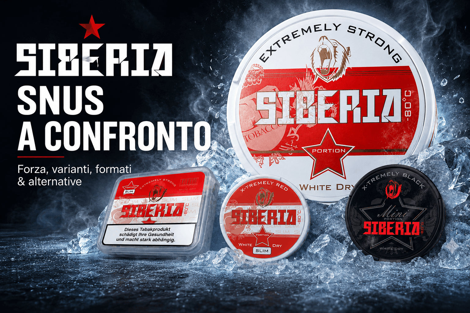 Confronto Siberia Snus con Red, Slim, Mini e box da 500 g in un’ambientazione ghiacciata