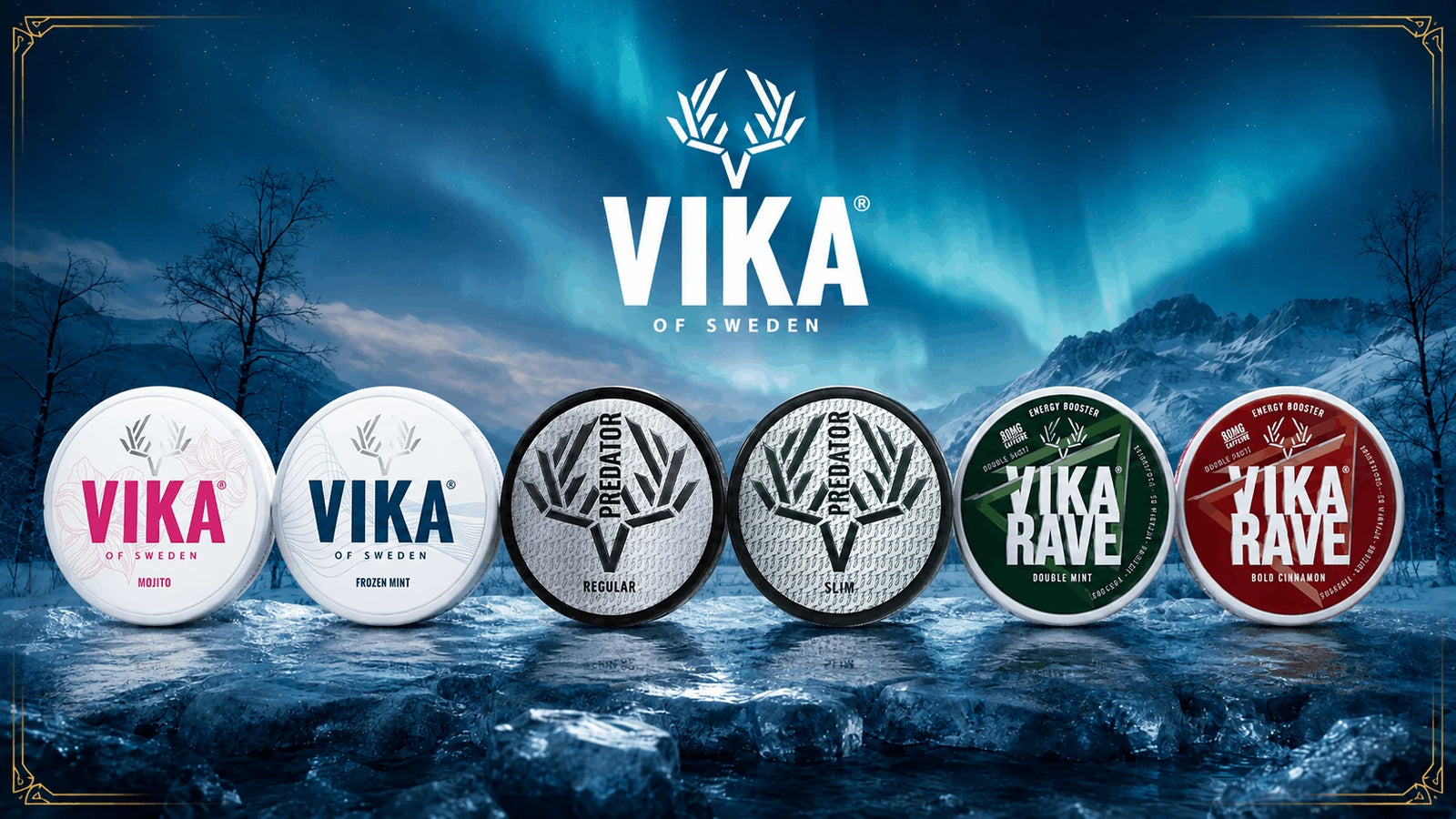 Vika snus, nicotine pouches and energy pouches in a Nordic winter landscape