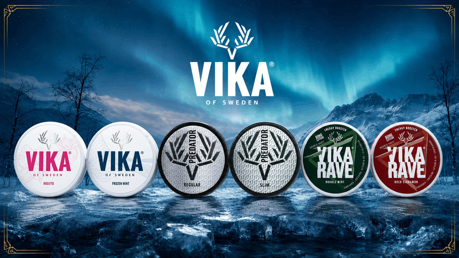 Vika snus, nicotine pouches and energy pouches in a Nordic winter landscape